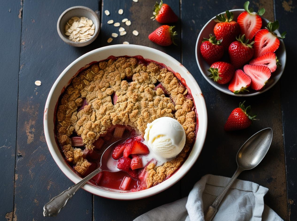 Overhead view of strawberry rhubarb crisp in a round dish with a serving scooped out, surrounded by fresh strawberries.