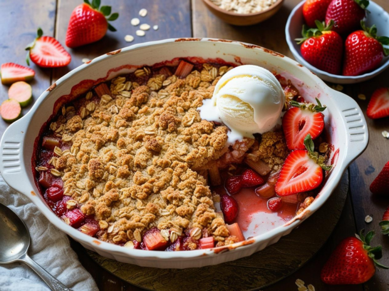 Strawberry rhubarb crisp in a round dish, garnished with ice cream and fresh strawberries, served on a rustic wooden table.