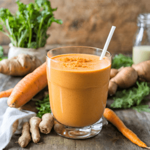 A vibrant, orange-colored carrot ginger smoothie in a clear glass, garnished with a thin slice of carrot and a sprig of mint, set against a bright, natural background, showcasing the smoothie's refreshing and healthy appeal.