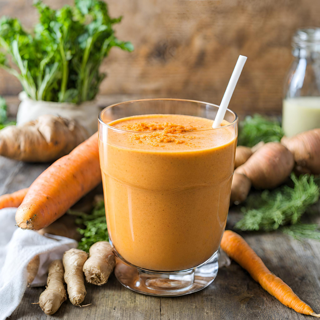 A vibrant, orange-colored carrot ginger smoothie in a clear glass, garnished with a thin slice of carrot and a sprig of mint, set against a bright, natural background, showcasing the smoothie's refreshing and healthy appeal.