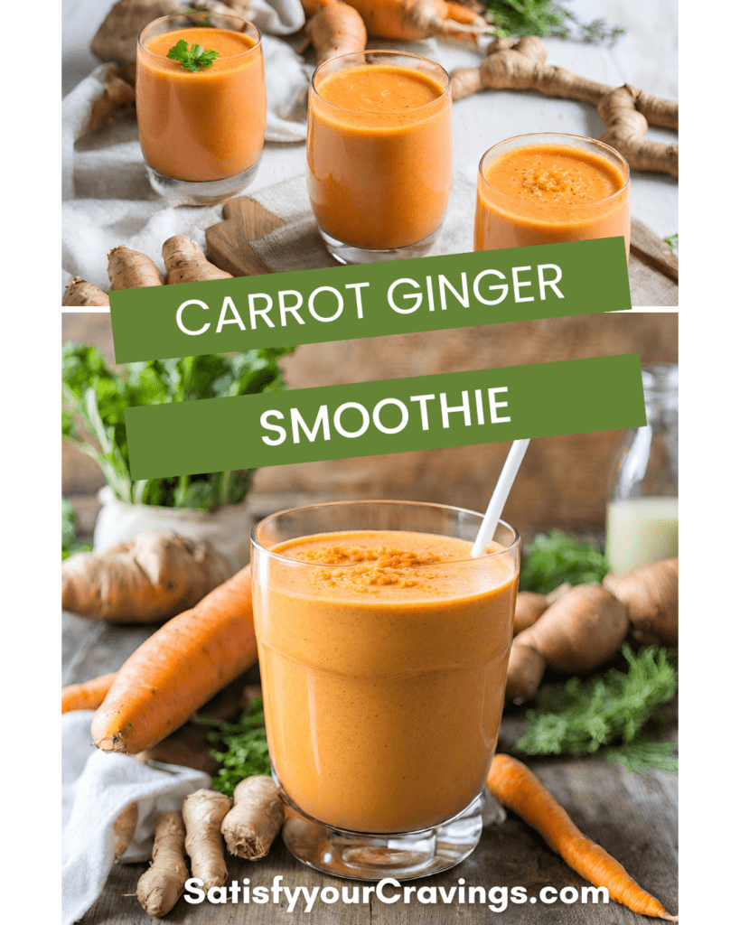 A vibrant, orange-colored carrot ginger smoothie in a clear glass, garnished with a thin slice of carrot and a sprig of mint, set against a bright, natural background, showcasing the smoothie's refreshing and healthy appeal.