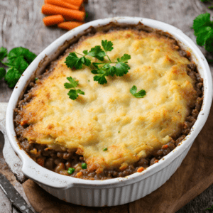 A close-up image of a freshly baked Shepherd's Pie, showing golden-brown mashed potato topping with melted cheese, covering a hearty filling of ground lamb, carrots, peas, and onions in a baking dish.