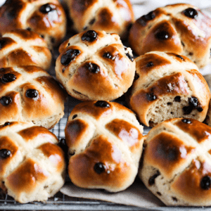 A tray of freshly baked hot cross buns, golden brown with white crosses on top, arranged neatly and surrounded by ingredients like flour, eggs, and spices.