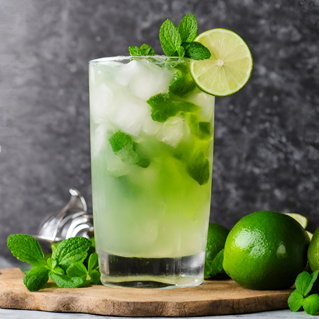 Step-by-step preparation of an Irish Mojito Mocktail, featuring fresh mint leaves, slices of cucumber and lime, sparkling water, and brown sugar, served in a tall glass garnished with a lime wheel and additional mint leaves for a refreshing and festive non-alcoholic beverage.