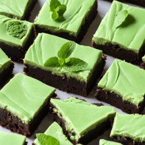 Close-up image of a stack of Matcha Mint Chocolate Brownies topped with fresh mint leaves and chocolate chips on a white plate.