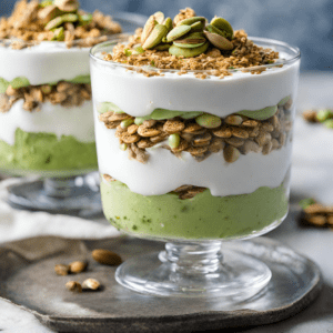 A vibrant and layered dessert in a clear glass showcasing alternating layers of creamy green pistachio pudding, fluffy whipped cream, crushed graham crackers, and fresh red berries, topped with whole pistachios for garnish.