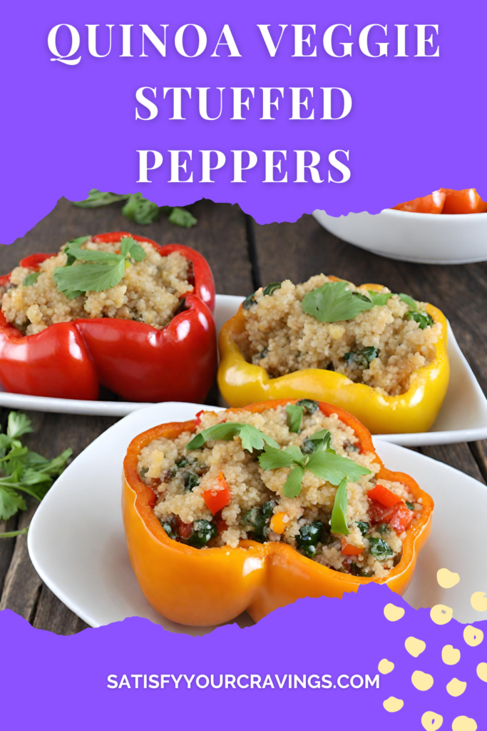 A colorful display of quinoa veggie stuffed peppers arranged in a baking dish. Each bell pepper is halved and filled to the brim with a mixture of cooked quinoa, black beans, diced tomatoes, corn, and spices, then topped with melted cheese. The dish represents a healthy, vegetarian option for a fulfilling meal.