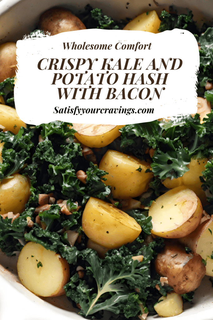 A skillet filled with crispy kale and potato hash, garnished with bacon bits, served on a wooden table.