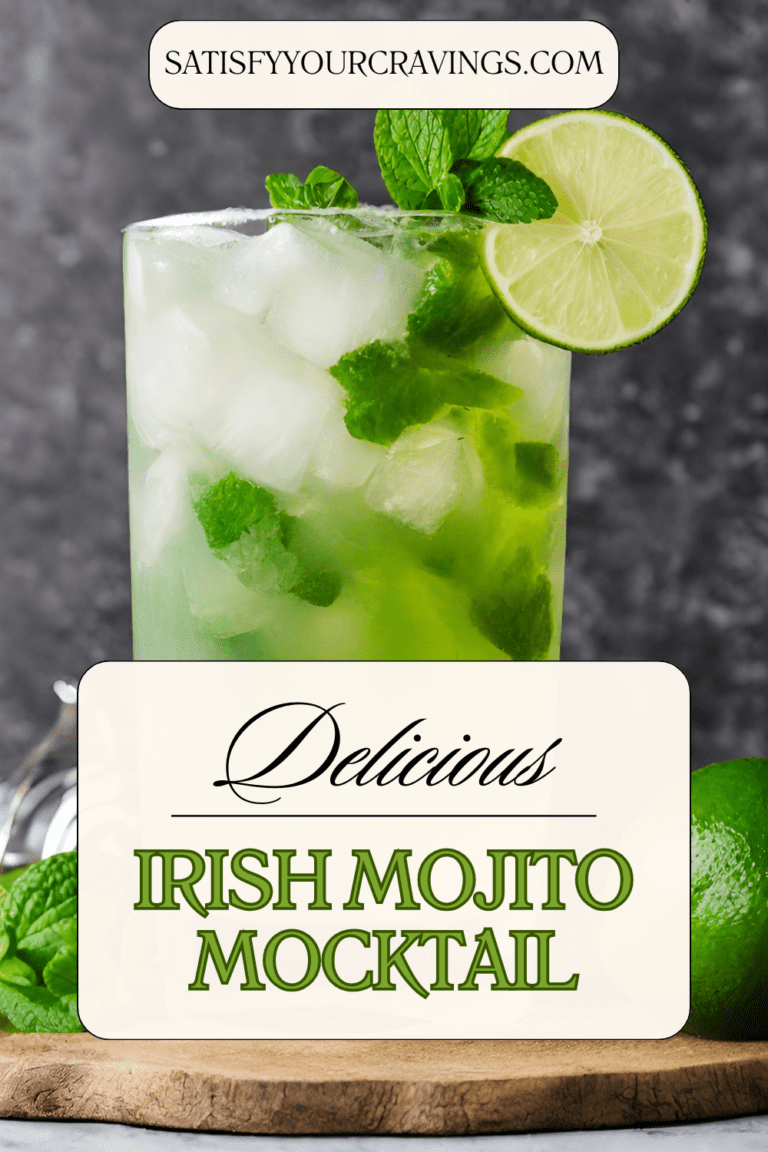 Step-by-step preparation of an Irish Mojito Mocktail, featuring fresh mint leaves, slices of cucumber and lime, sparkling water, and brown sugar, served in a tall glass garnished with a lime wheel and additional mint leaves for a refreshing and festive non-alcoholic beverage.