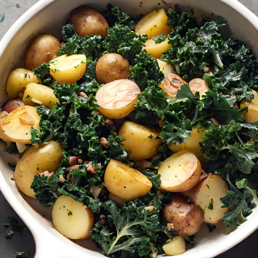 A skillet filled with crispy kale and potato hash, garnished with bacon bits, served on a wooden table.