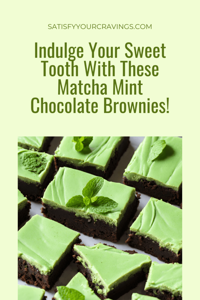 Close-up image of a stack of Matcha Mint Chocolate Brownies topped with fresh mint leaves and chocolate chips on a white plate.