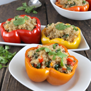 A colorful display of quinoa veggie stuffed peppers arranged in a baking dish. Each bell pepper is halved and filled to the brim with a mixture of cooked quinoa, black beans, diced tomatoes, corn, and spices, then topped with melted cheese. The dish represents a healthy, vegetarian option for a fulfilling meal.