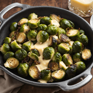 Roasted Brussels sprouts with melted Irish cheddar cheese on top, served on a white plate garnished with fresh herbs.