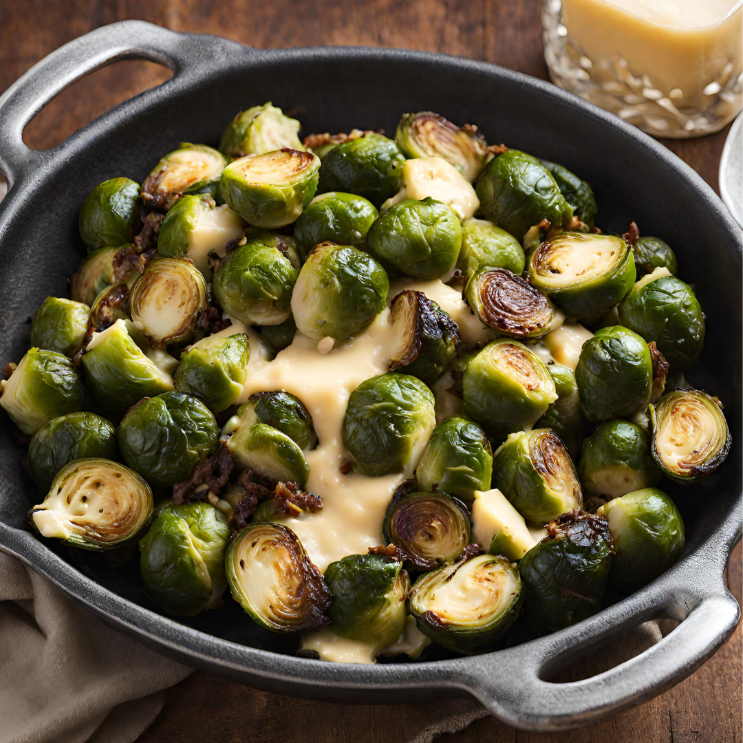 Roasted Brussels sprouts with melted Irish cheddar cheese on top, served on a white plate garnished with fresh herbs.