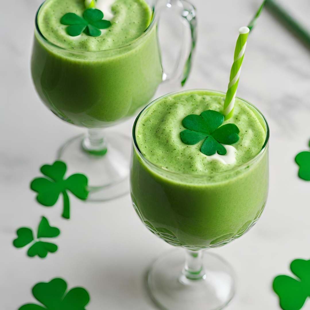 Image of a vibrant green Shamrock Smoothie in a glass garnished with fresh mint leaves, showcasing its refreshing and nutritious qualities.