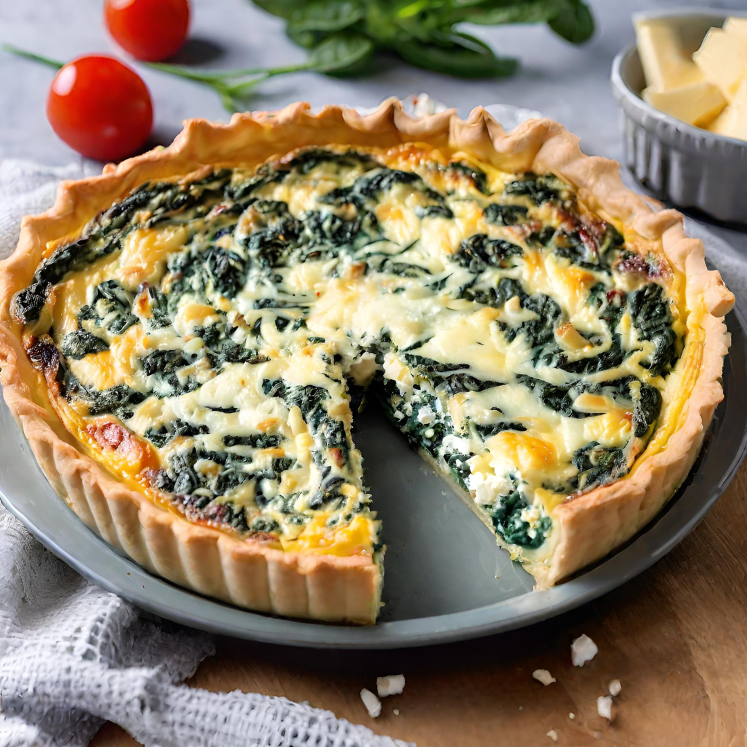 A homemade Spinach Feta Quiche, featuring a golden-brown crust and a creamy, flavorful filling.