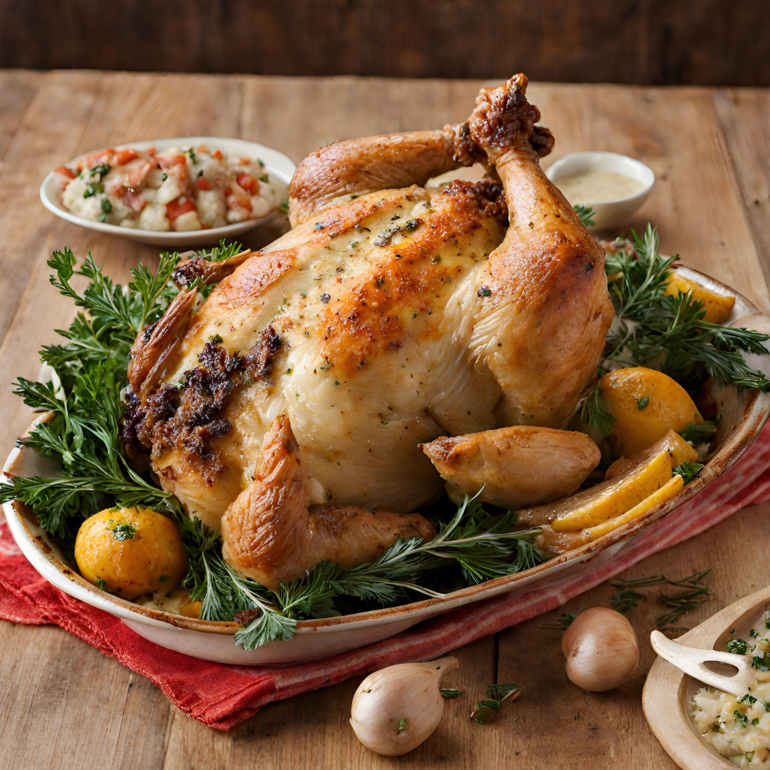 Step-by-step preparation of stuffed roast chicken on a kitchen counter. Ingredients include whole chicken, fresh herbs, vegetables, and seasoning. The chicken is being stuffed, trussed, and ready to roast, surrounded by diced ingredients and utensils, emphasizing the home cooking and comfort food theme.