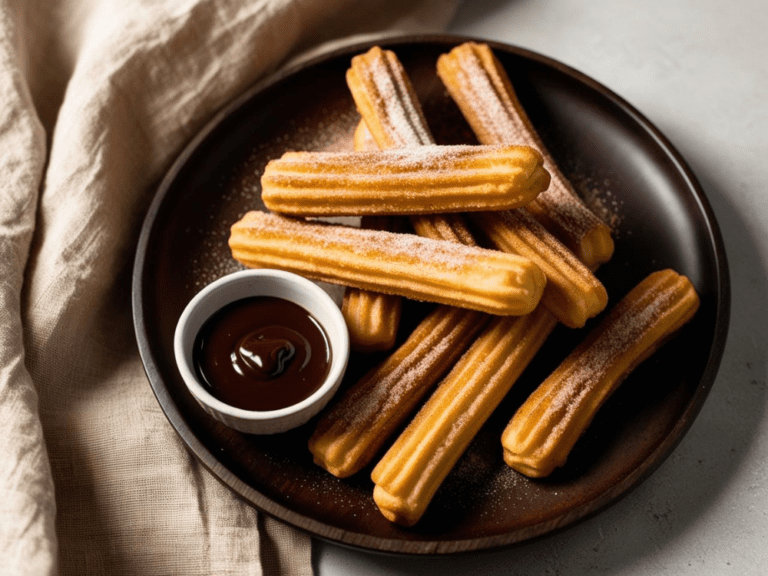 A dark brown plate filled with golden churros dusted with cinnamon sugar, accompanied by a small white bowl of rich melted chocolate sauce.