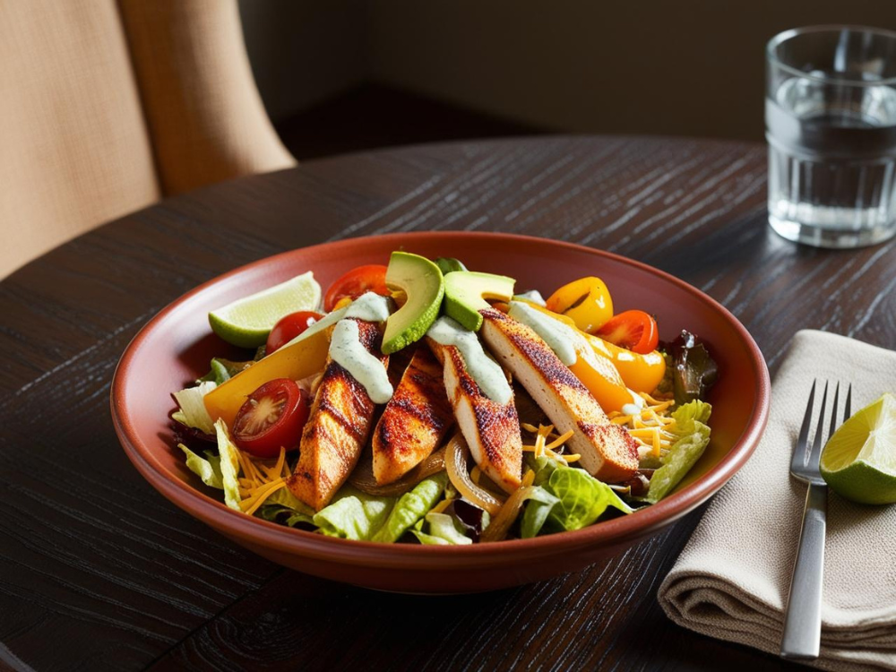 A close-up view of a Chicken Fajita Salad with grilled chicken, bell peppers, avocado, and a drizzle of creamy dressing in a terracotta bowl.