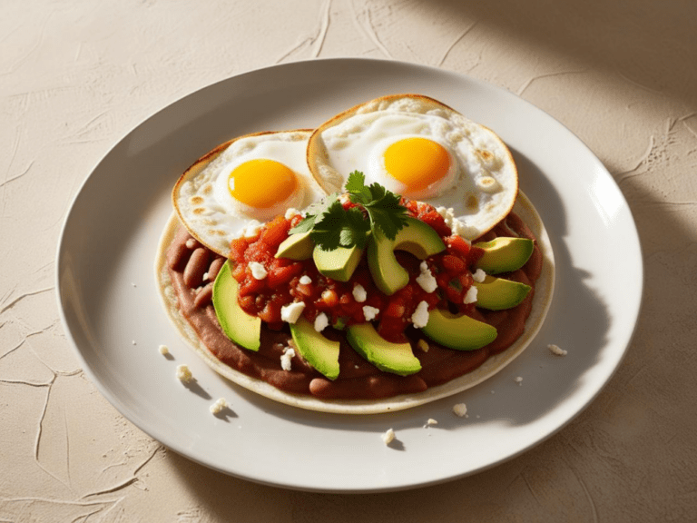 Overhead view of Huevos Rancheros with two sunny-side-up eggs, refried beans, salsa, avocado slices, and cilantro on a white plate.