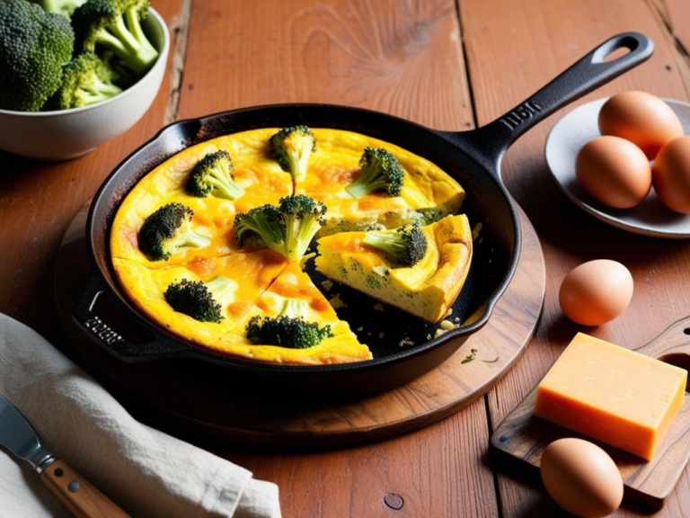 Broccoli and Cheddar Frittata in a Cast Iron Skillet with Fresh Ingredients