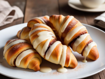 Warm, golden-brown cinnamon crescent rolls drizzled with creamy vanilla glaze on a white plate.