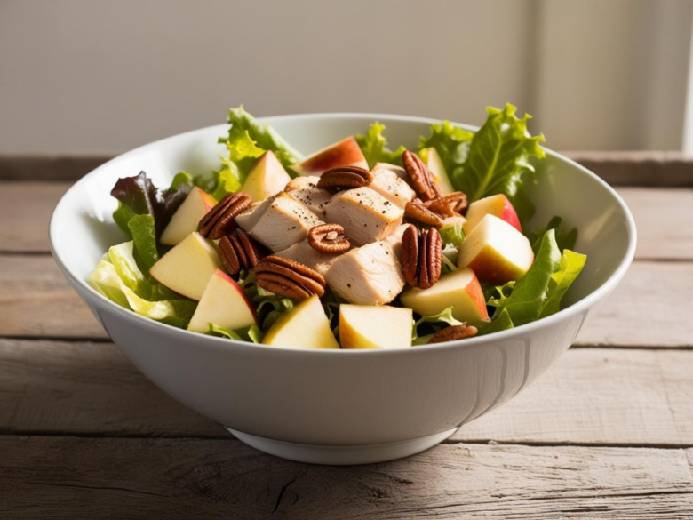 A fresh apple pecan chicken salad served in a white bowl, featuring diced chicken, crisp apple chunks, crunchy pecans, and leafy greens.