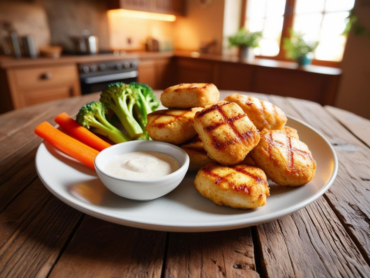 A plate of grilled chicken nuggets with visible grill marks, served with a side of fresh broccoli, carrot sticks, and a creamy dipping sauce, set on a rustic wooden table in a cozy kitchen.