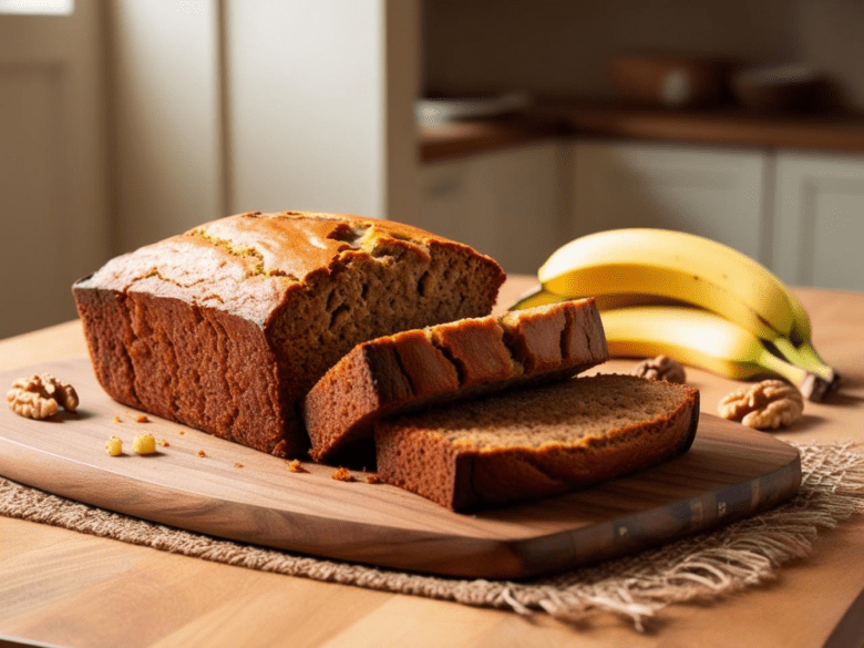 Freshly baked banana bread on a wooden cutting board with ripe bananas and walnuts in the background.