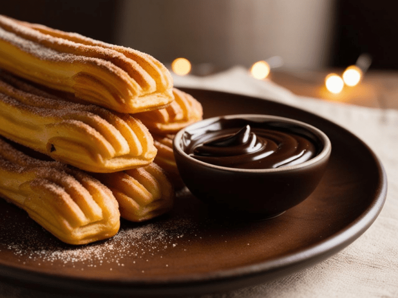 A close-up view of stacked churros dusted with cinnamon sugar on a dark plate, with a bowl of thick chocolate sauce in the foreground.