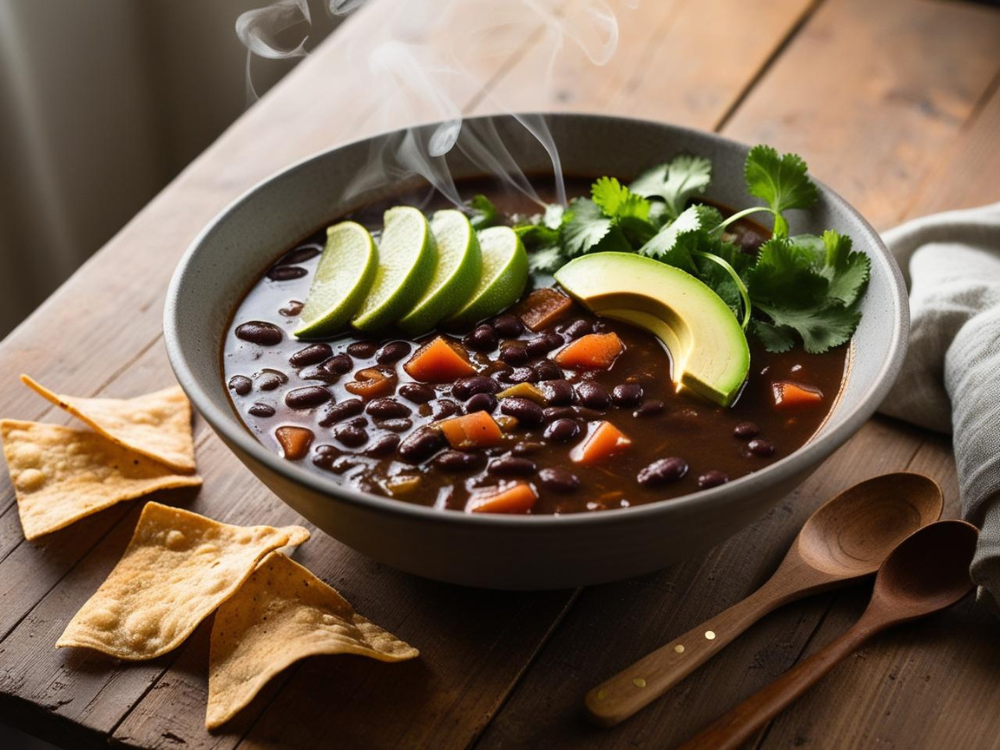 A steaming bowl of black bean soup topped with avocado slices, lime wedges, and fresh cilantro. The bowl sits on a rustic wooden table with wooden spoons, tortilla chips, and soft natural lighting.