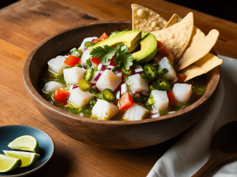 A rustic wooden bowl filled with ceviche, topped with avocado and cilantro, served with tortilla chips on the side.
