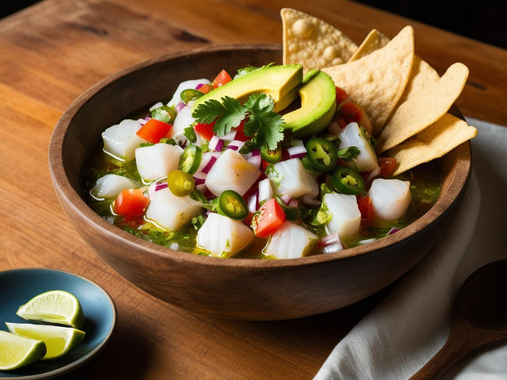 A rustic wooden bowl filled with ceviche, topped with avocado and cilantro, served with tortilla chips on the side.