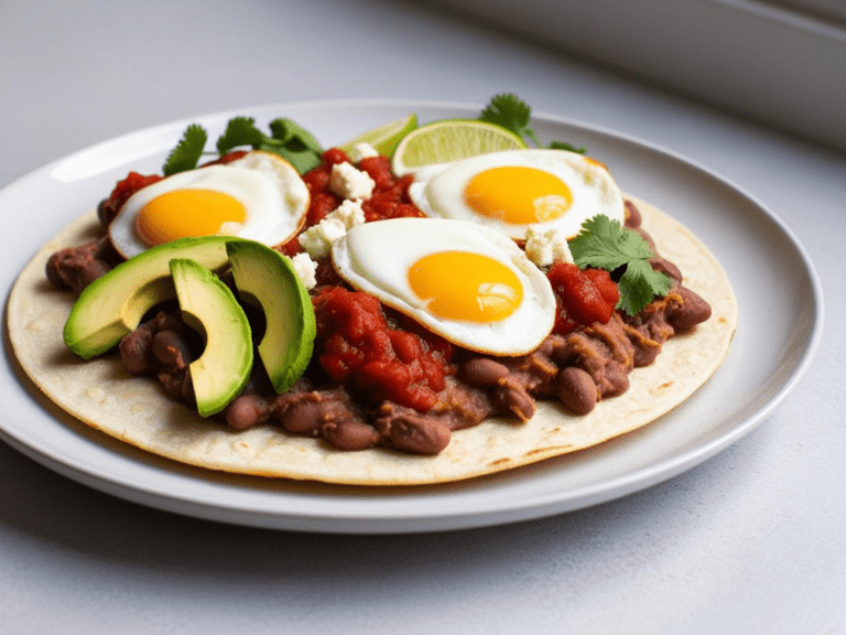 Side view of Huevos Rancheros with three eggs, whole beans, salsa, avocado, lime, and cilantro on a tortilla.