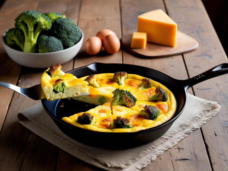 A Slice of Broccoli and Cheddar Frittata Being Lifted from the Skillet
