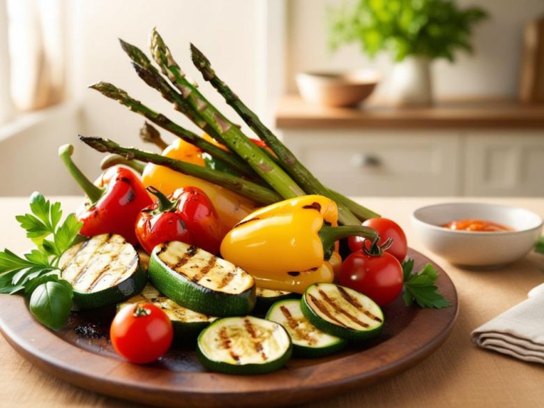 A side view of a wooden platter filled with grilled vegetables, featuring vibrant asparagus, bell peppers, and tomatoes.