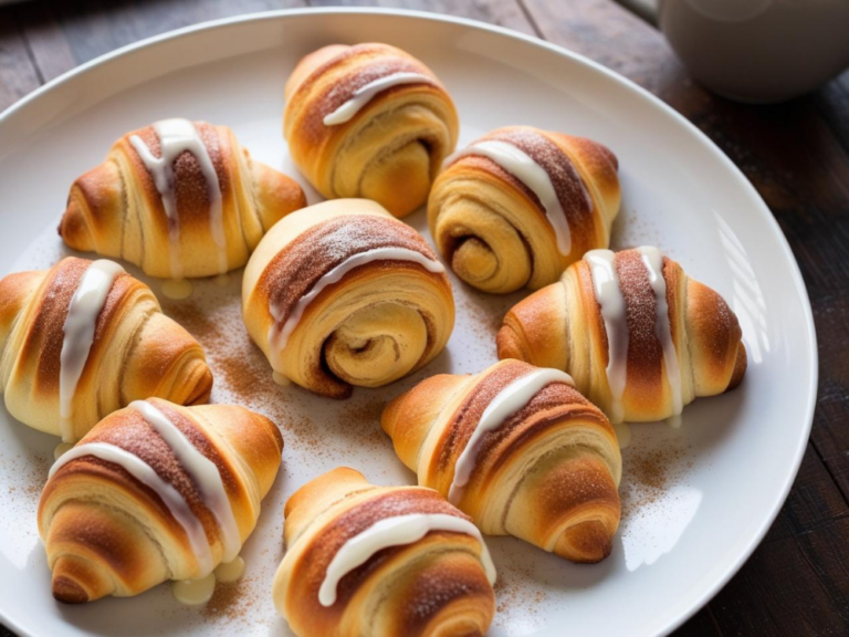 Freshly baked mini cinnamon crescent rolls on a white plate, lightly dusted with cinnamon sugar.