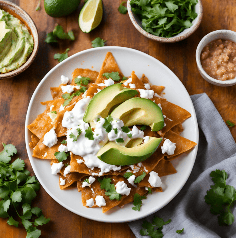 A white plate of chilaquiles topped with two avocado wedges, crema, and crumbled cheese, surrounded by cilantro, lime wedges, and beans.