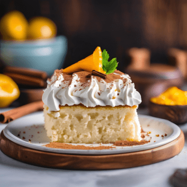 A square piece of Tres Leches Cake garnished with peach slices, cinnamon, and whipped cream, served on a rustic plate.