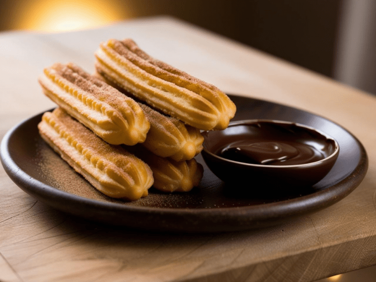 A stack of churros on a dark plate with a small black bowl filled with smooth melted chocolate, set against a softly lit background.