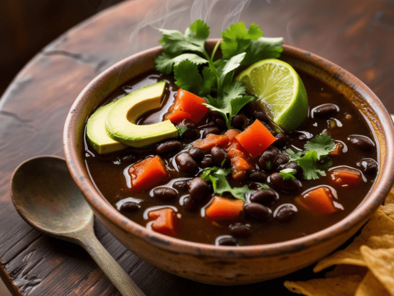 A bowl of black bean soup on a rustic wooden table, garnished with avocado slices, fresh cilantro, and lime wedges. Steam rises from the soup, adding to its inviting warmth.