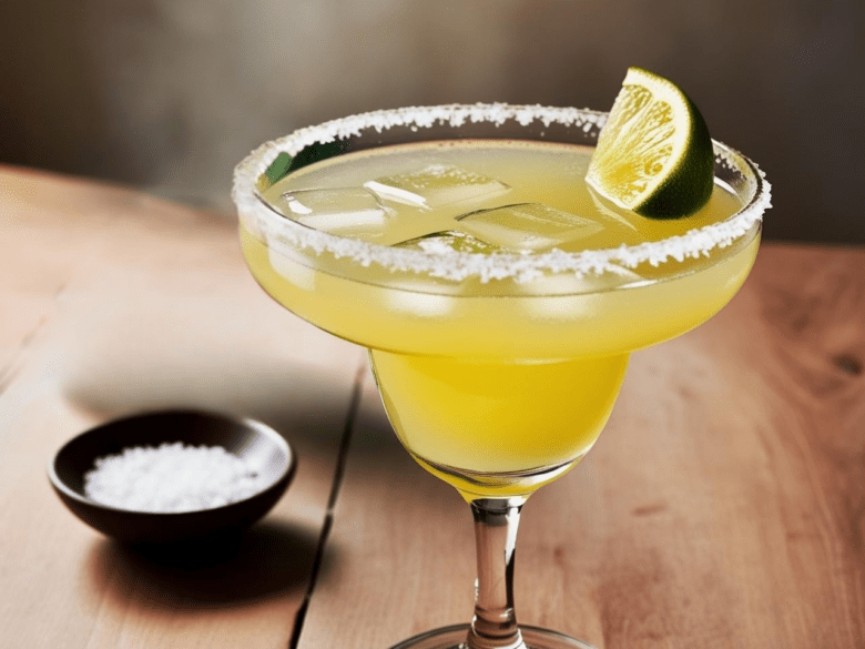 A margarita cocktail with a salted rim and lime wedge, served in a wide-rimmed glass on a wooden table with a salt dish in the background.