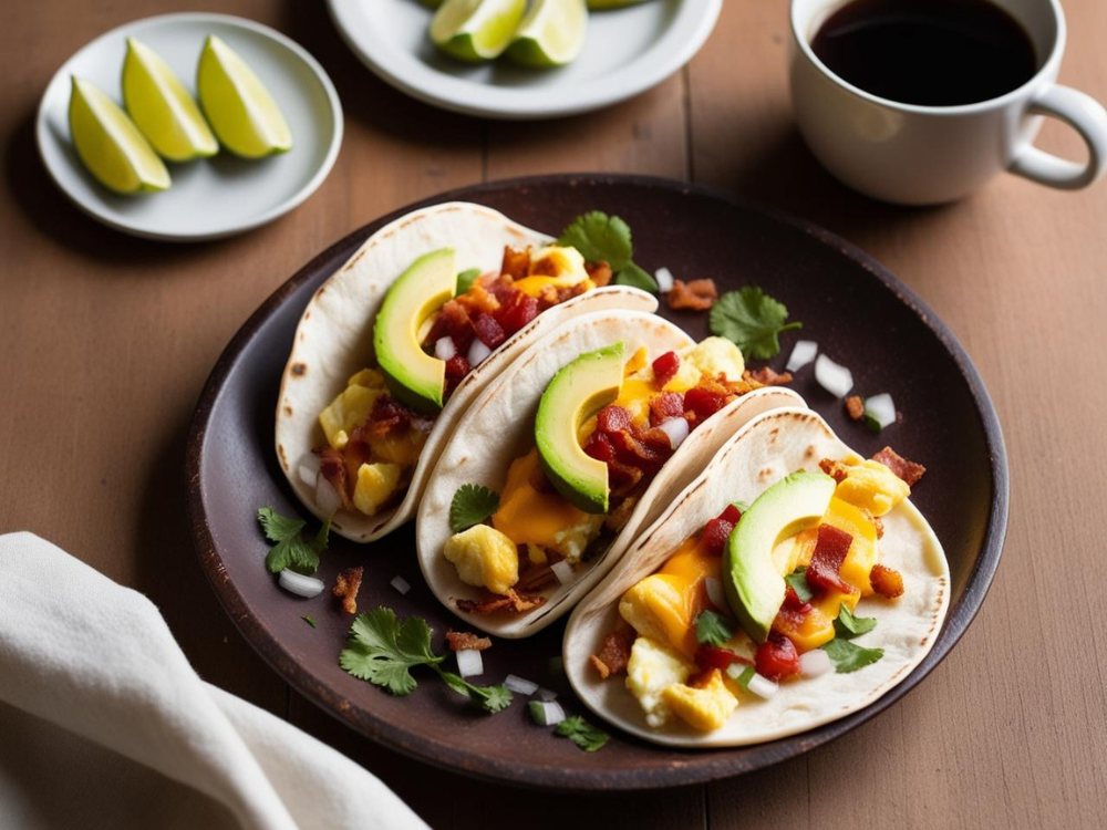 A top-down view of breakfast tacos on a rustic plate, filled with scrambled eggs, crispy bacon, melted cheese, and avocado, served with fresh lime wedges and a cup of coffee.