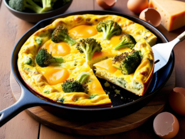 Close-Up of Broccoli and Cheddar Frittata with Runny Egg Centers
