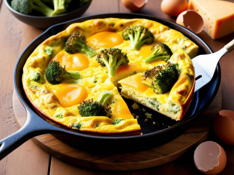 Close-Up of Broccoli and Cheddar Frittata with Runny Egg Centers