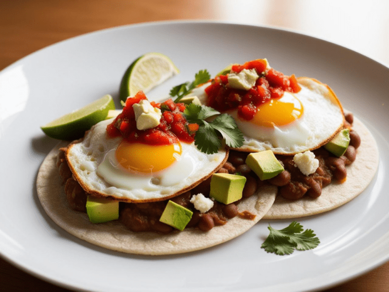 Close-up of two sunny-side-up eggs on Huevos Rancheros with avocado, salsa, beans, and lime wedges.