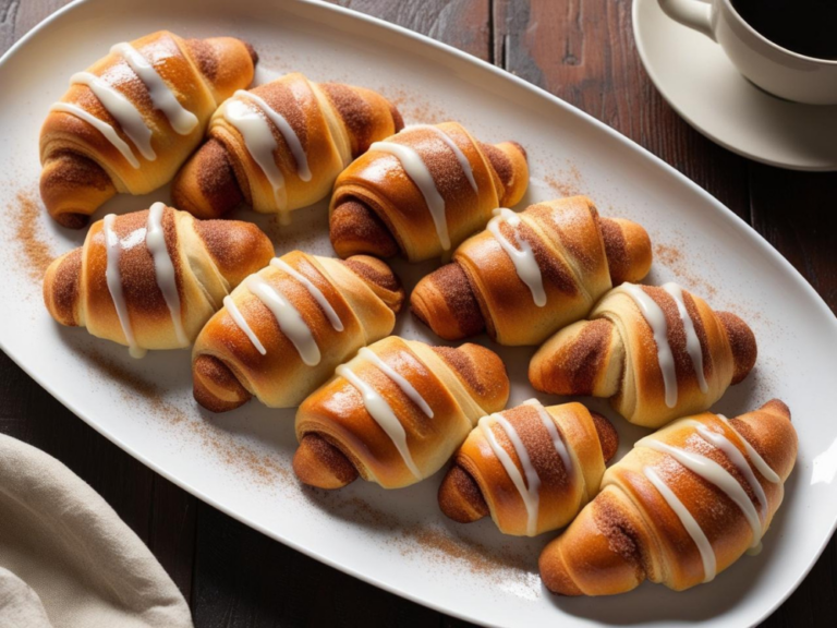 Eight golden-brown cinnamon crescent rolls arranged on a platter with a drizzle of vanilla glaze.