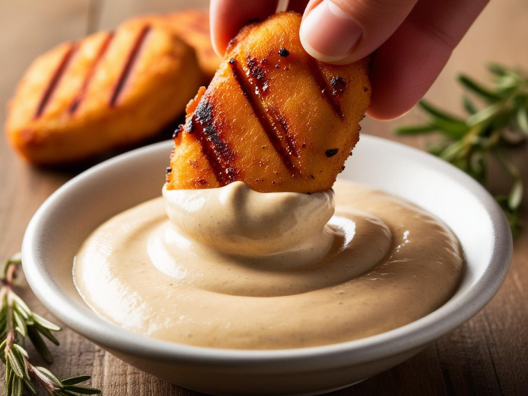 A close-up of a hand dipping a grilled chicken nugget with grill marks into a rich and creamy sauce, with rosemary sprigs in the background.