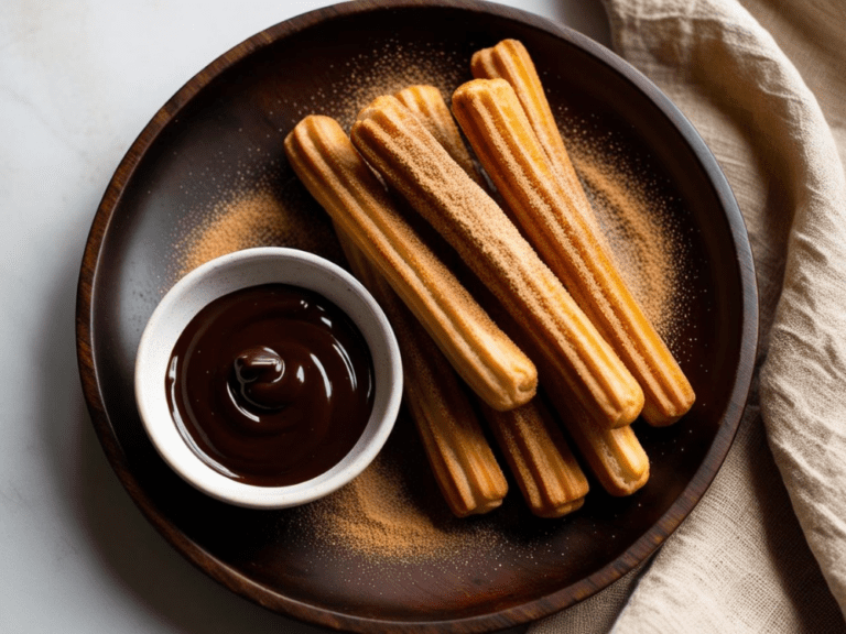 A plate of long, golden churros dusted with cinnamon sugar, with a bowl of velvety chocolate sauce beside them.