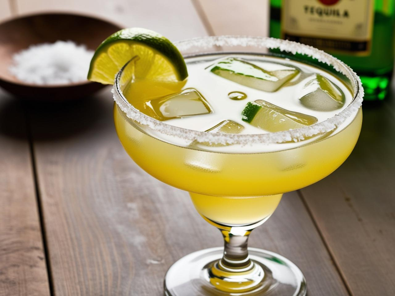 A close-up of a margarita in a frosted glass with a salted rim and a fresh lime wedge, placed on a wooden surface with a green tequila bottle in the background.